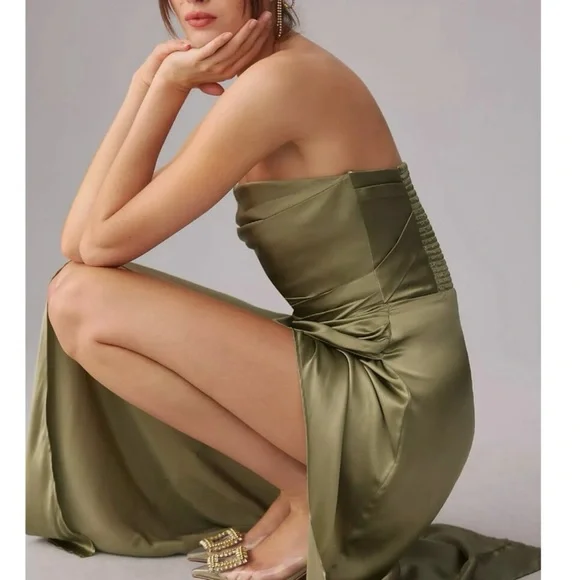 Reformation Barrow Artichoke Green Silk Strapless Cocktail Gown Size 2 NWT
